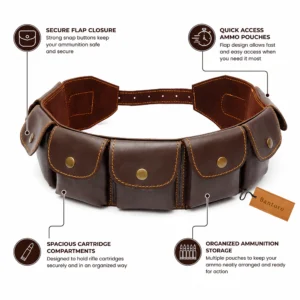 Genuine leather rifle cartridge bandolier belt with organized ammunition storage pouches