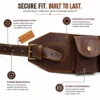 Genuine leather rifle cartridge bandolier belt close up of brass buckle and reinforced stitching