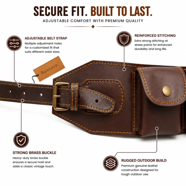 Genuine leather rifle cartridge bandolier belt close up of brass buckle and reinforced stitching