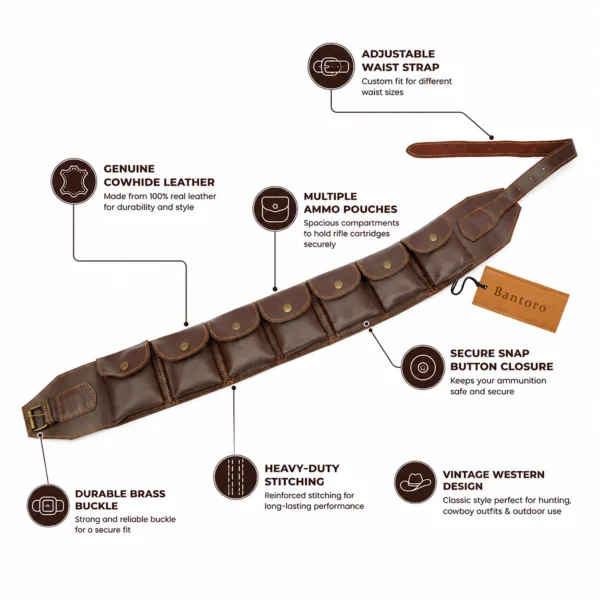 Genuine leather rifle cartridge bandolier belt full length view with highlighted hunting features