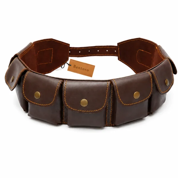 Genuine leather rifle cartridge bandolier belt with organized ammunition storage pouches