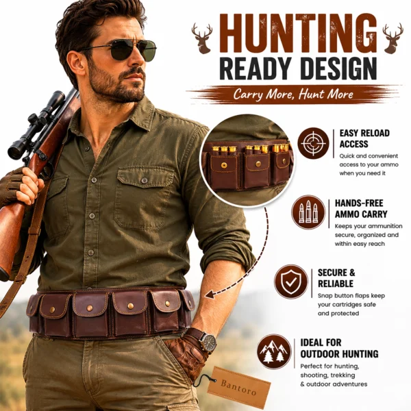 Genuine leather rifle cartridge bandolier belt worn during hunting with quick access ammo pouches