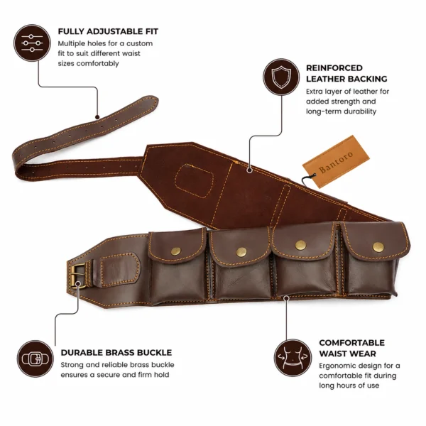 Genuine leather rifle cartridge bandolier belt rear view showing reinforced leather backing and adjustable strap