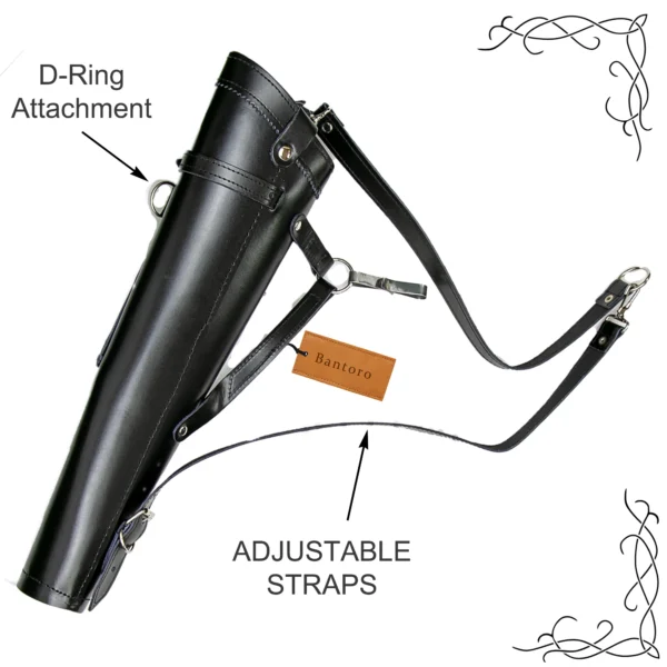 Leather Archery Quiver black adjustable straps and D ring attachment