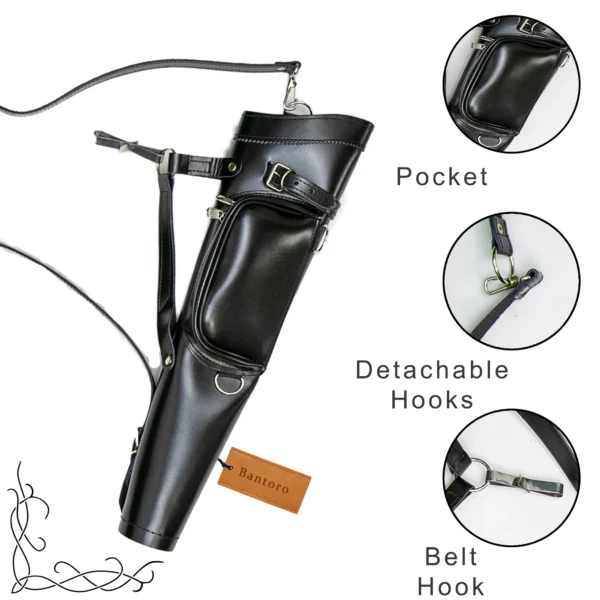 Leather Archery Quiver black close up pocket detachable hooks and belt hook