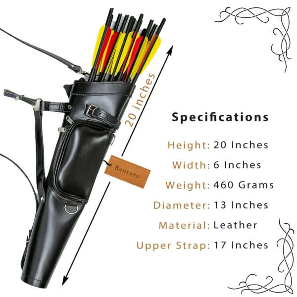 Leather Archery Quiver black dimensions and specifications chart