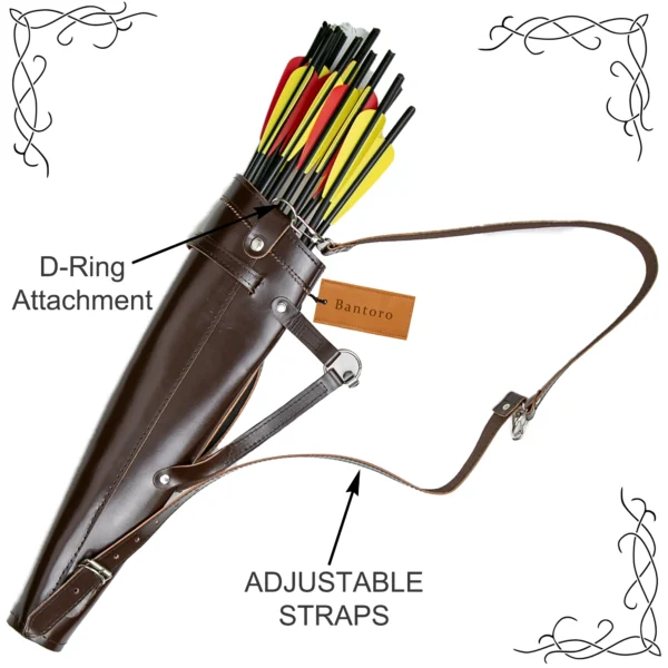 Leather Archery Quiver brown adjustable straps and D ring attachment