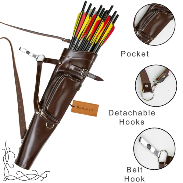 Leather Archery Quiver brown close up pocket detachable hooks and belt hook