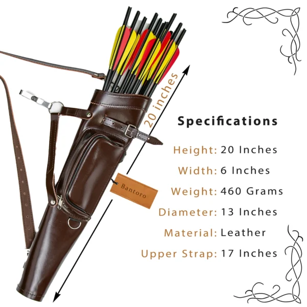Leather Archery Quiver brown dimensions and specifications chart