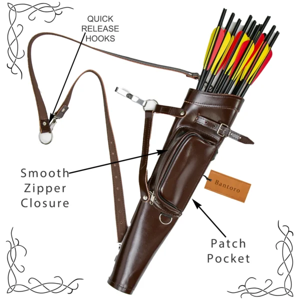 Leather Archery Quiver brown zipper pocket and quick release hooks