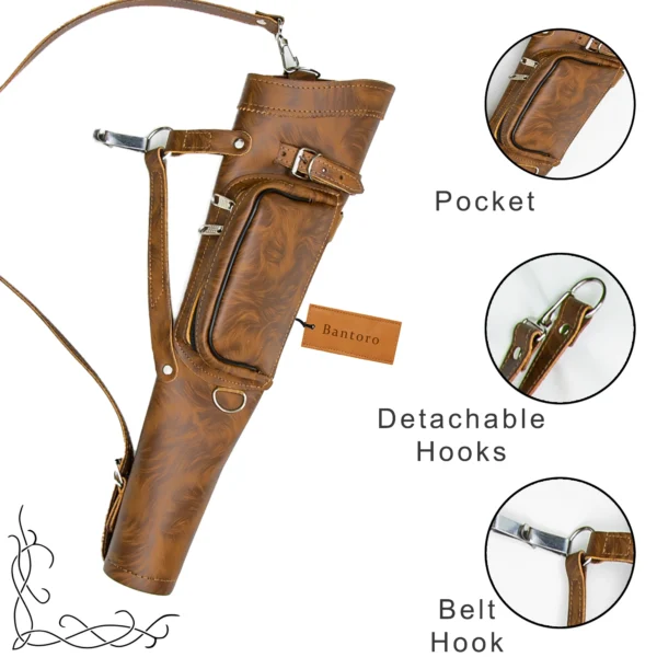 Leather Archery Quiver tiger brown close up pocket detachable hooks and belt hook