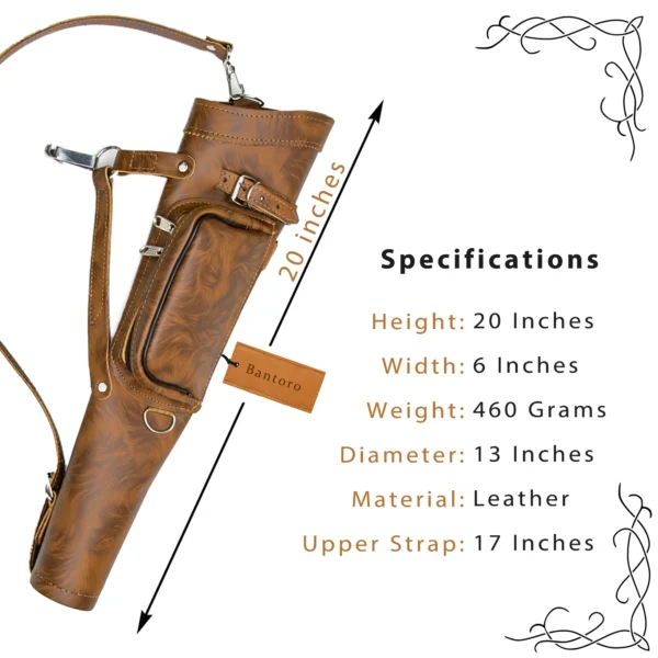 Leather Archery Quiver tiger brown dimensions and specifications chart