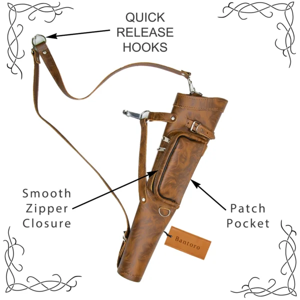 Leather Archery Quiver tiger brown zipper pocket and quick release hooks