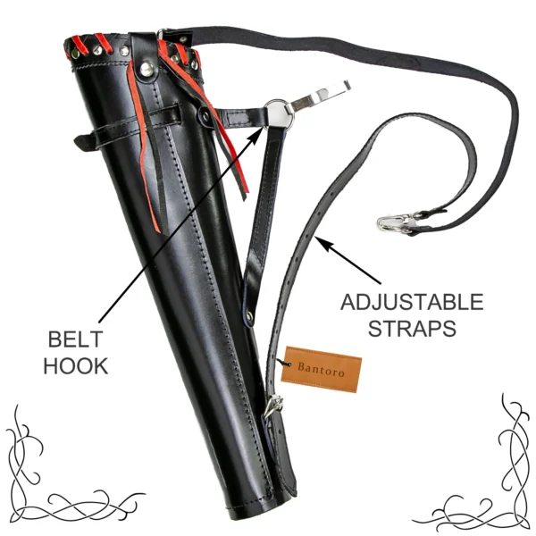 Leather Back Arrow Quiver black model showing adjustable straps and belt hook