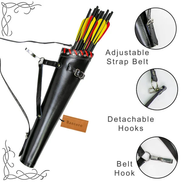 Leather Back Arrow Quiver black model showing adjustable strap detachable hooks and belt hook