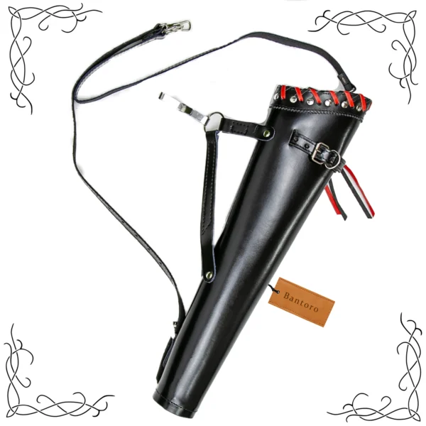 Leather Back Arrow Quiver black genuine leather front angle with adjustable shoulder strap