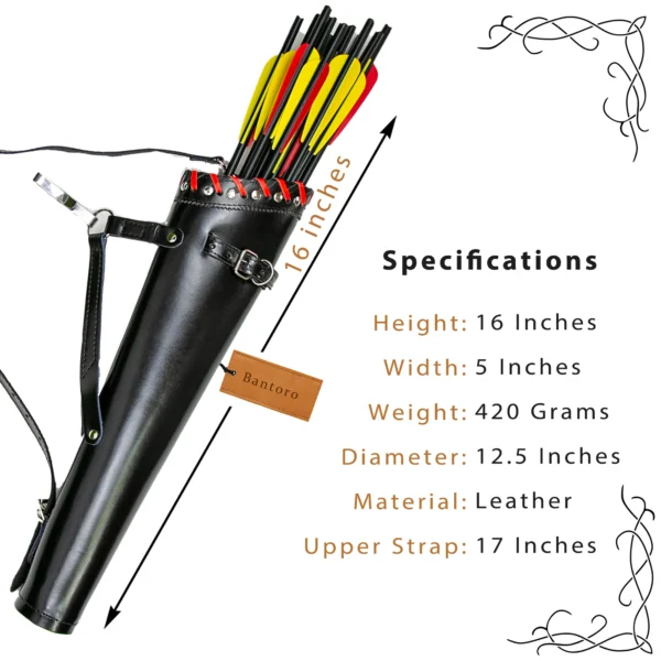 Leather Back Arrow Quiver black model dimensions and specifications chart