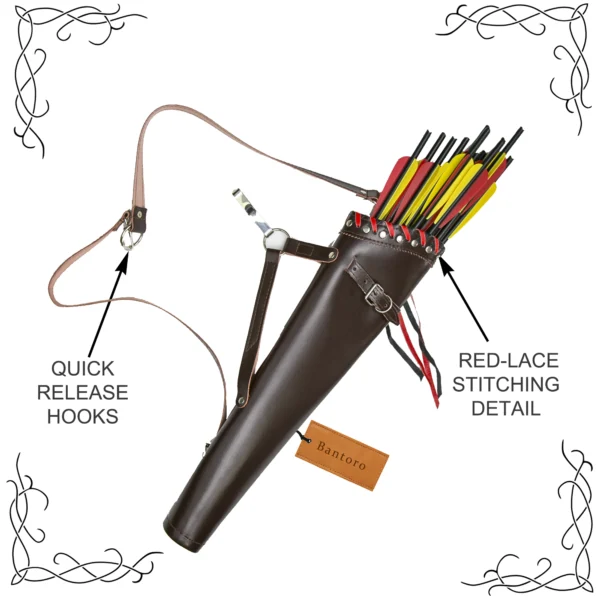 Leather Back Arrow Quiver brown model with arrows and red lace stitching