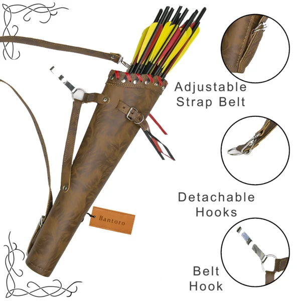 Leather Back Arrow Quiver tiger brown model showing adjustable strap detachable hooks and belt hook