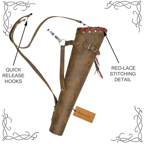 Leather Back Arrow Quiver tiger brown model with red lace stitching detail