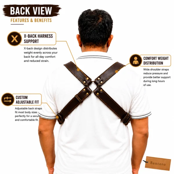Leather Rifle Cartridge Bandolier Belt back view with X-back support design and adjustable leather straps