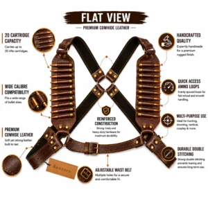 Leather Rifle Cartridge Bandolier Belt premium cowhide leather ammo harness with 20 cartridge capacity feature overview