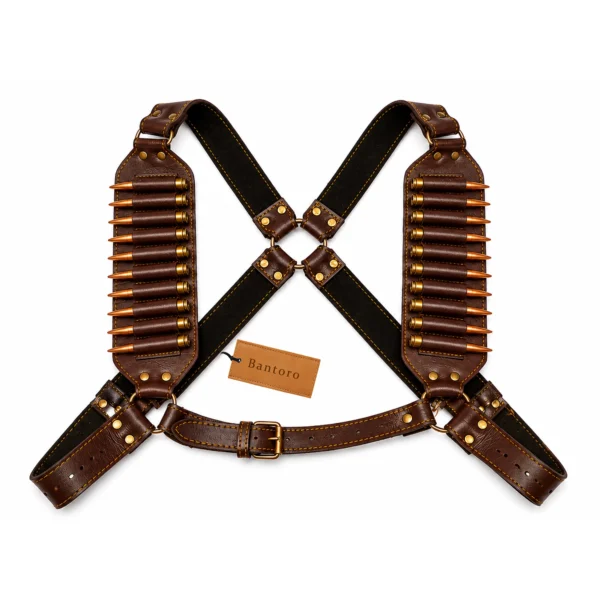 Leather Rifle Cartridge Bandolier Belt full grain cowhide chest harness brown flat product view with 20 shell pouches