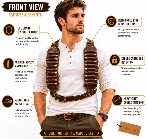 Leather Rifle Cartridge Bandolier Belt front view worn as adjustable chest harness with 20 cartridge holders