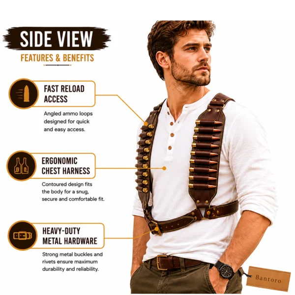 Leather Rifle Cartridge Bandolier Belt side profile showing ergonomic chest harness design and ammo loops