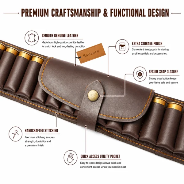 Leather Shotshell Bandolier Belt close-up showing genuine leather utility pouch and reinforced stitching