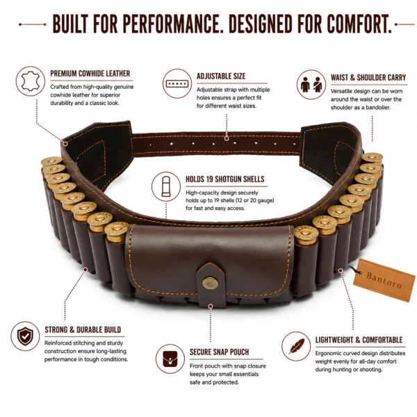 Leather Shotshell Bandolier Belt curved adjustable design for waist and shoulder carry with 19 shell capacity