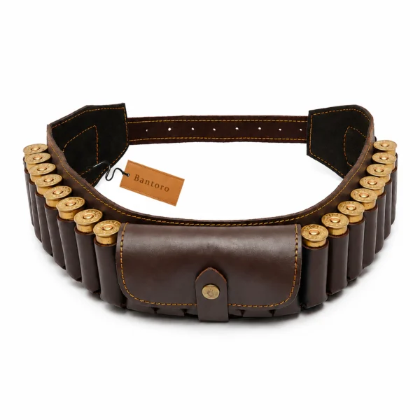 Leather Shotshell Bandolier Belt front view genuine cowhide shotgun shell holder with utility pouch