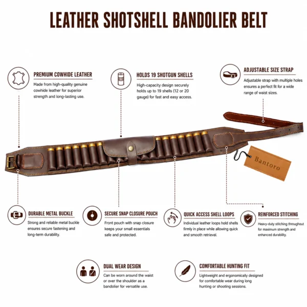 Leather Shotshell Bandolier Belt full length genuine cowhide hunting belt with 19 shell capacity and adjustable strap