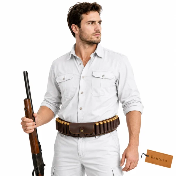 Leather Shotshell Bandolier Belt worn around waist during hunting with shotgun and outdoor shooting gear