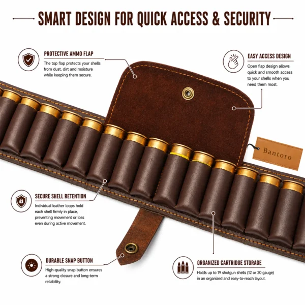 Leather Shotshell Bandolier Belt open pouch design with secure shell loops and quick access ammunition storage