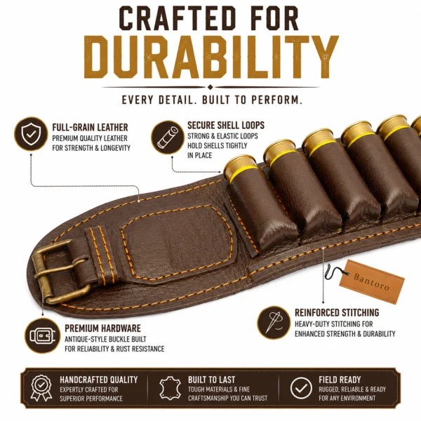 Premium Leather Shotgun Cartridge Belt brown close-up showing genuine leather stitching and shell loops