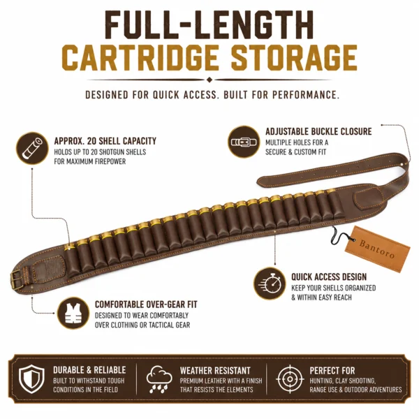 Premium Leather Shotgun Cartridge Belt brown full length cartridge storage design with adjustable buckle