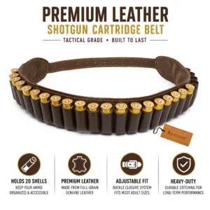 Premium Leather Shotgun Cartridge Belt brown genuine leather ammo belt holding 20 shells main product view