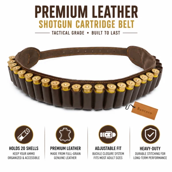 Premium Leather Shotgun Cartridge Belt brown genuine leather ammo belt holding 20 shells main product view