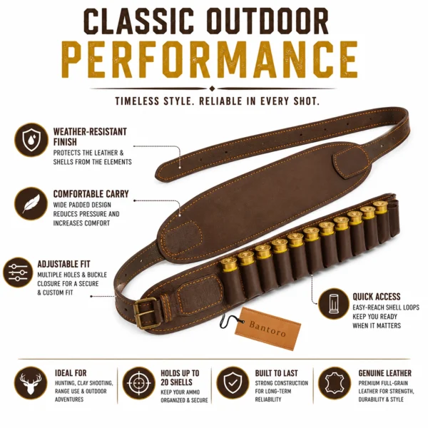 Premium Leather Shotgun Cartridge Belt brown adjustable hunting ammo belt with quick access shell loops