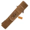 Brown suede back quiver with adjustable shoulder strap and pocket leather arrow holder angled front view