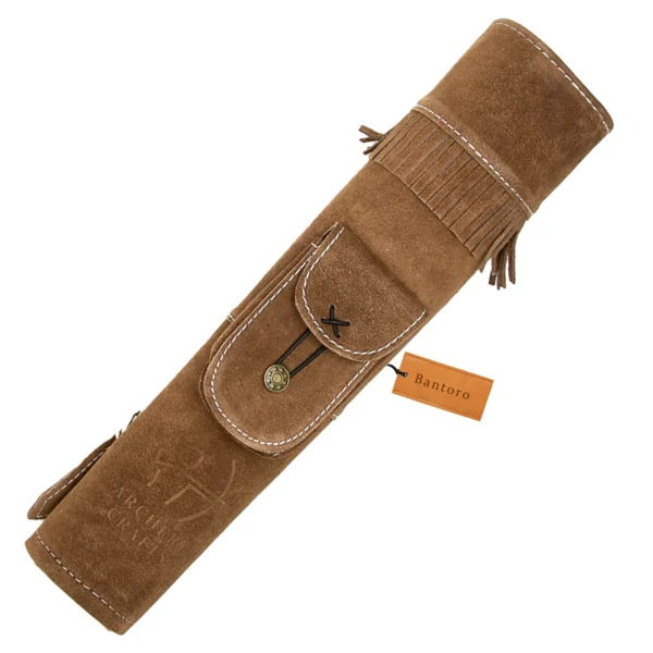 Brown suede back quiver with adjustable shoulder strap and pocket leather arrow holder angled front view