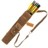 Brown suede back quiver with adjustable shoulder strap and pocket leather arrow holder front view with arrows