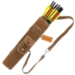 Brown suede back quiver with adjustable shoulder strap and pocket leather arrow holder front view with arrows