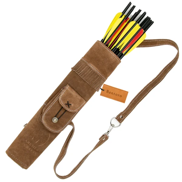 Brown suede back quiver with adjustable shoulder strap and pocket leather arrow holder front view with arrows