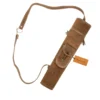 Brown suede back quiver with adjustable shoulder strap and pocket leather arrow holder full strap view