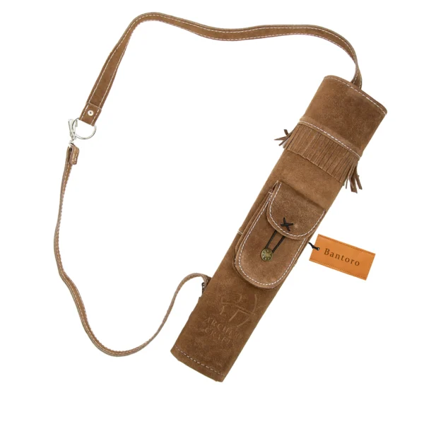 Brown suede back quiver with adjustable shoulder strap and pocket leather arrow holder full strap view