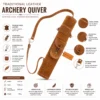 Brown suede back quiver with adjustable shoulder strap, secure accessory pocket, decorative fringe, and stainless steel fittings for traditional archery.