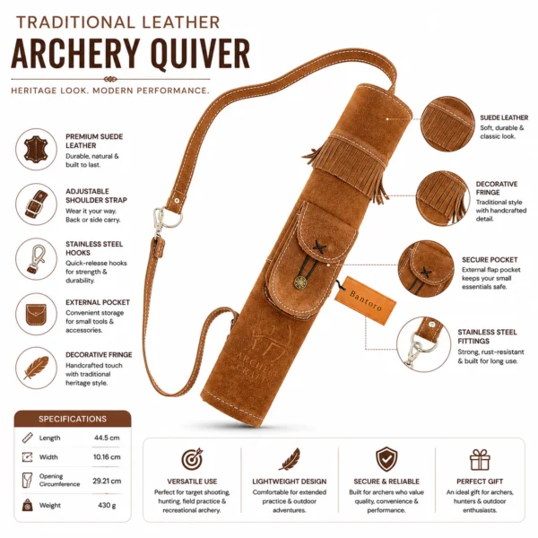 Brown suede back quiver with adjustable shoulder strap, secure accessory pocket, decorative fringe, and stainless steel fittings for traditional archery.