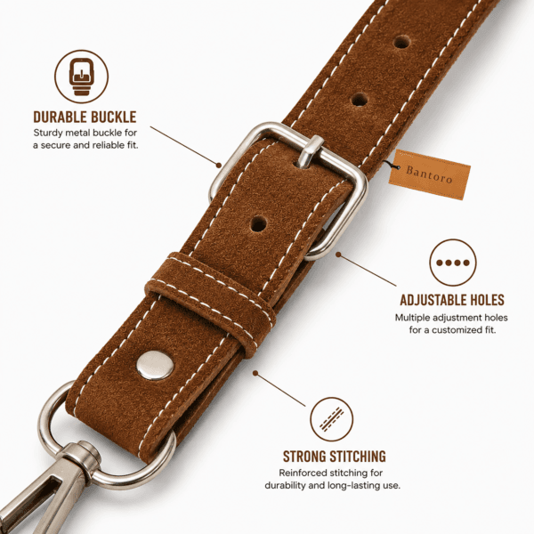 Close-up of the Leather Archery Quiver adjustable suede strap featuring a durable metal buckle, reinforced stitching, and multiple adjustment holes.